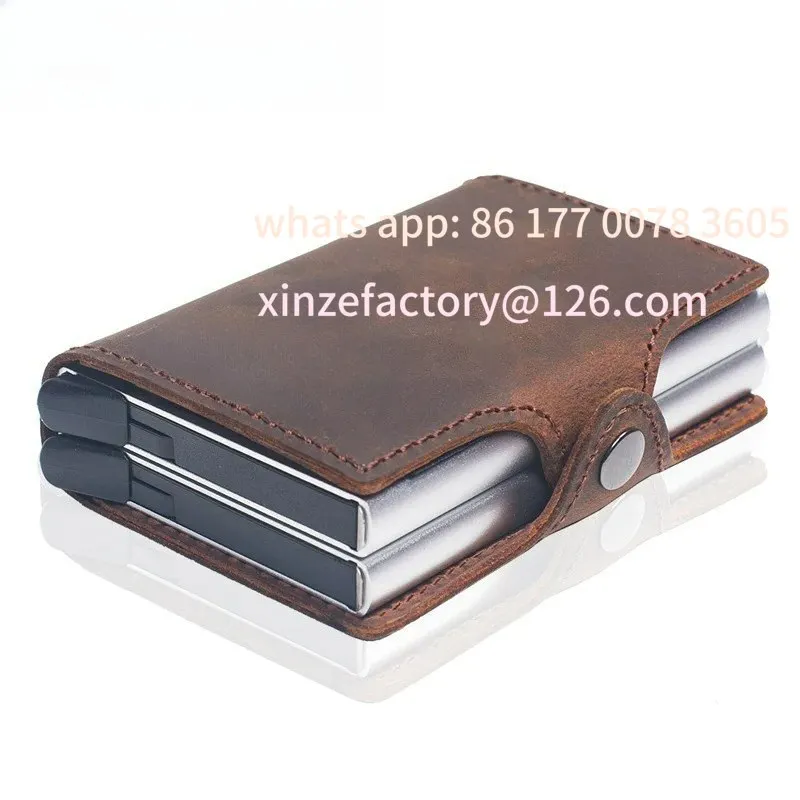 

Customizable Leather Mini RFID Wallet Security Information Double Box Porte Carte Credit Card Holder Metal Purse