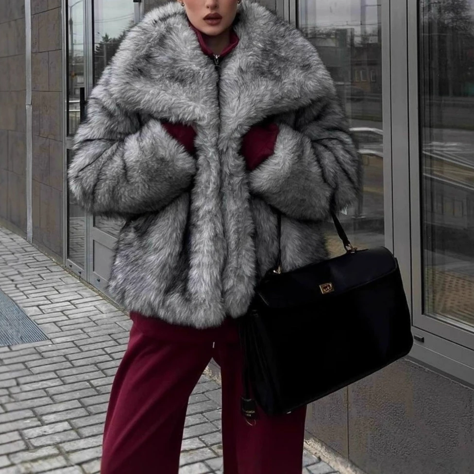 Faux Fox Fur Coats Women Jackets Color Block Turn Down Collar Long Sleeves Loose Fit Open Stitch Thick Casual 2025 Autumn Winter