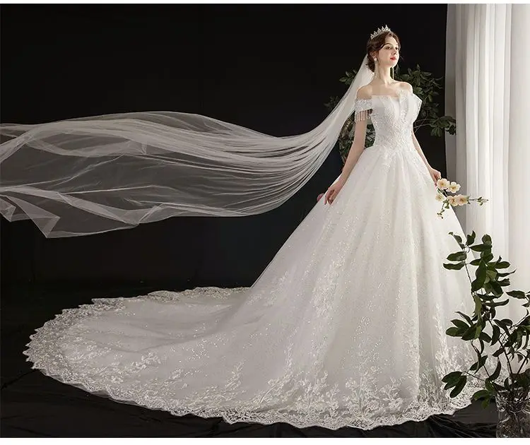 The main wedding dress, the new bride's one-shoulder shoulder is thin, and the luxury French super fairy starry sky long trailin