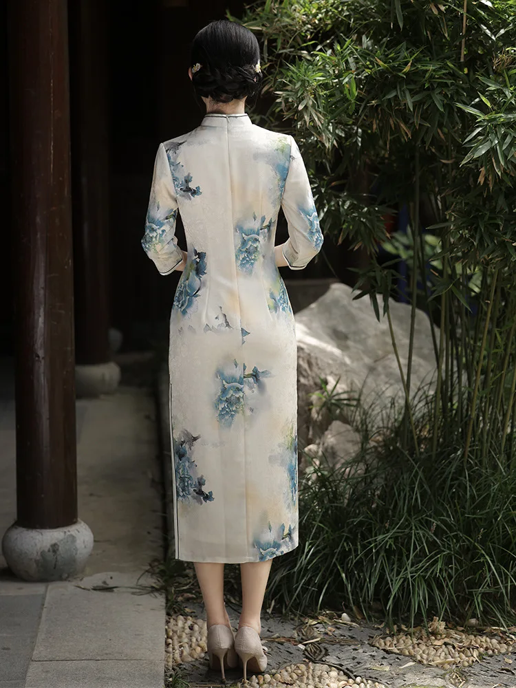 Flower Printed Satin Cheongsam Slim Fashion Daily Oriental Costumes Chinese Style Dress Seven Points Sleeve Qipao