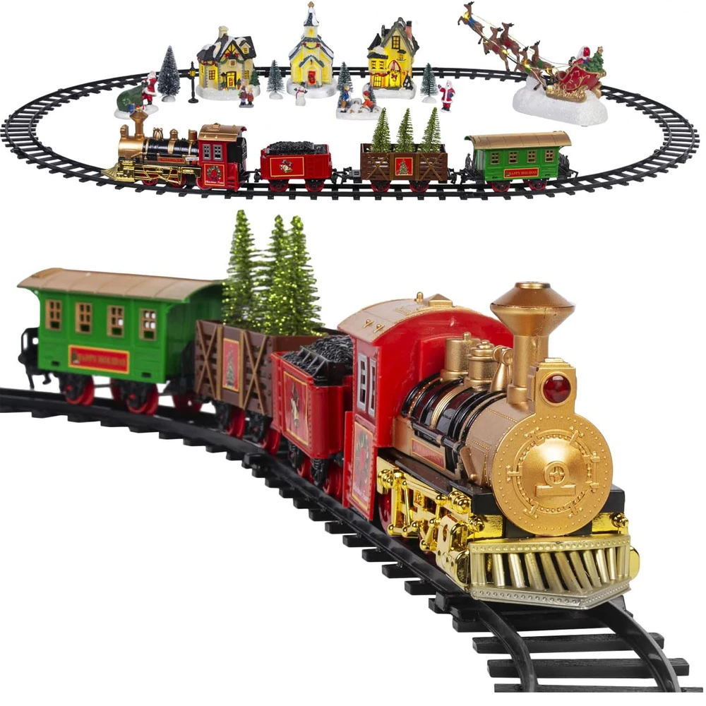 Christmas Village Decoration Train Set,Christmas Tree Ornaments Choo Choo Train Locmotive Engine Cargo Cars  Animated Toy Gifts