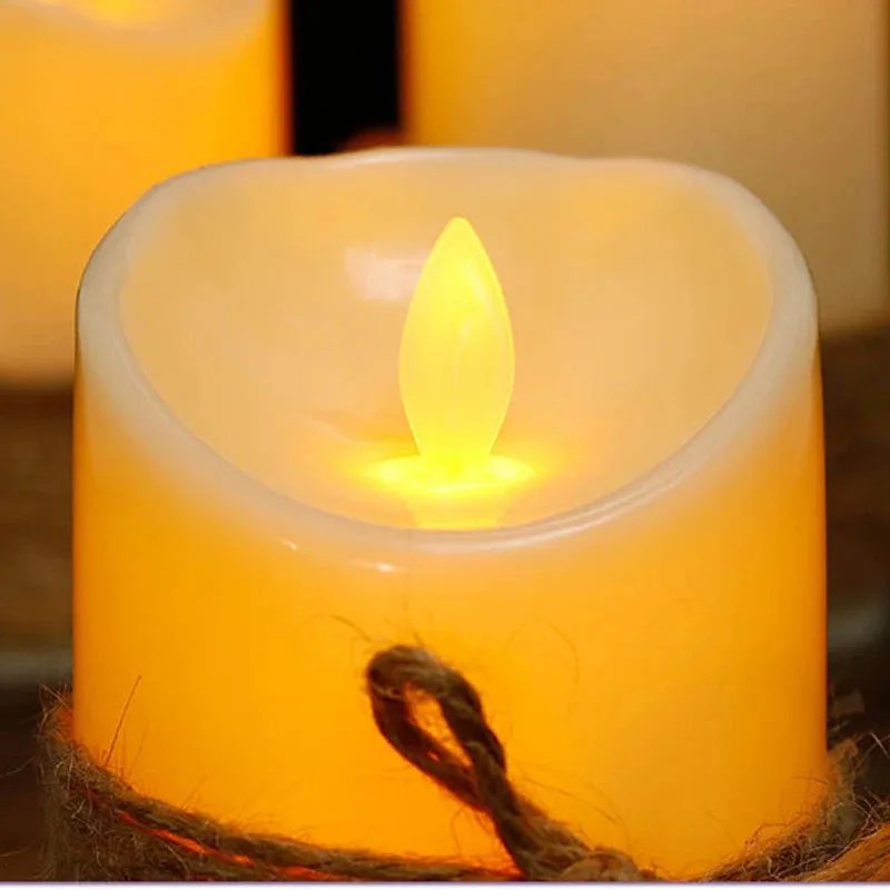 Handgemaakte henneptouw pijlerkaars – warm wit flikker, LED-sfeerlicht voor bruiloften, kerstfeesten en nachtlampje voor kinderen