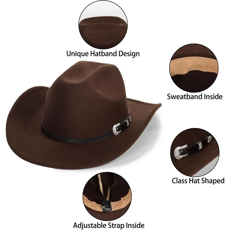 여성용 클래식 서부 카우보이 모자, 벨트 버클 포함, 스타일리시한 야외 활동용, 남성용 롤업 와이드 브림 펠트 페도라 모자, 패셔너블한 스타일