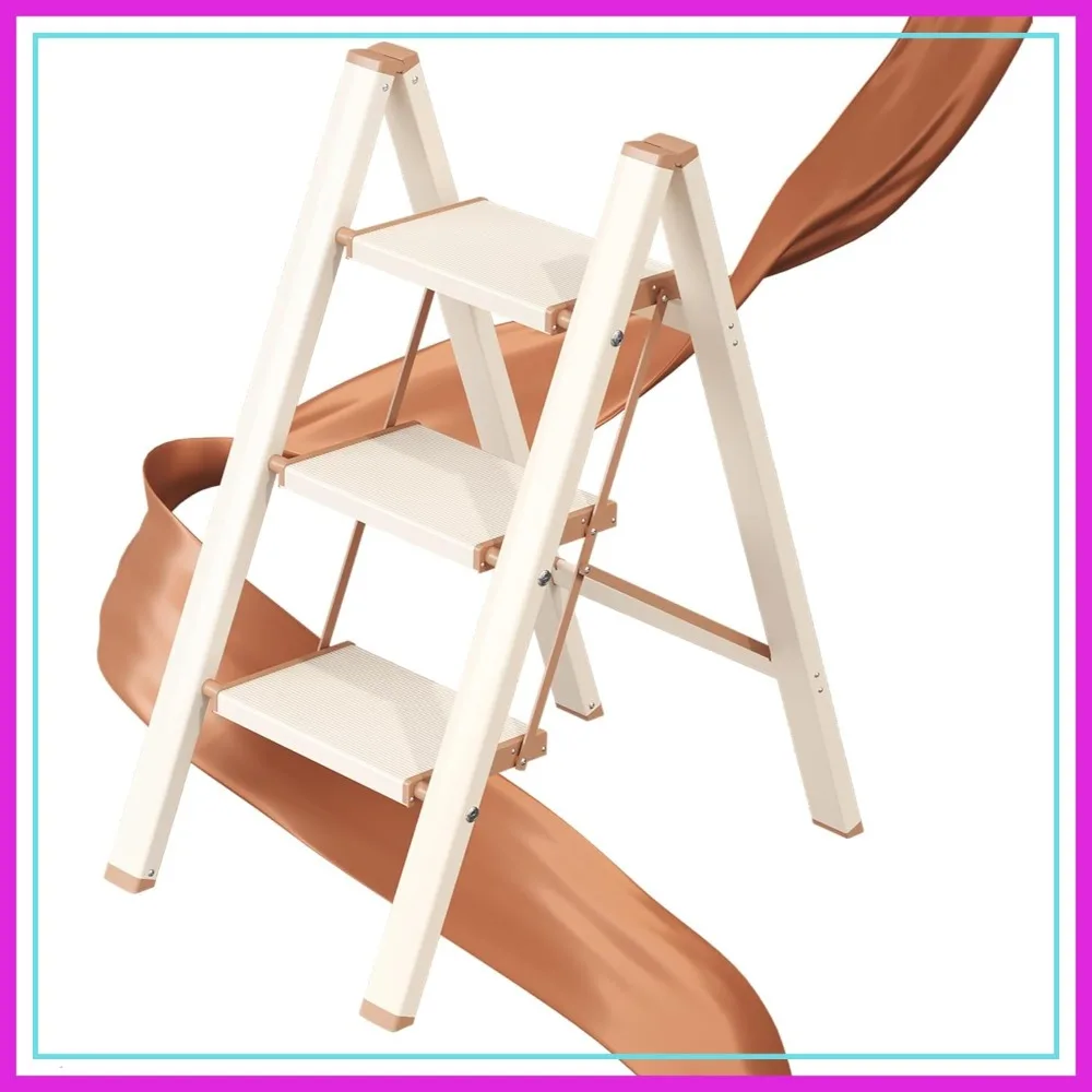 

3 Step Folding Ladder, Aluminum Step Stool with Wide Pedal, Anti-Slip, 300 lbs Capacity, Cream Chocolate