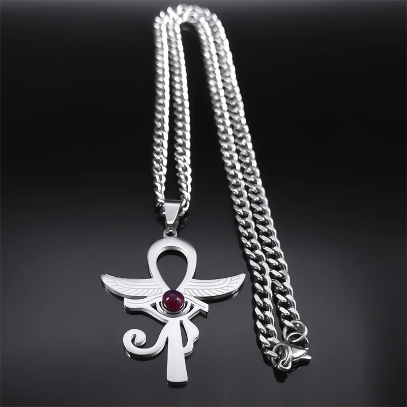 Alte Ankh Kreuz Auge von Horus Ägypten Flügel Halskette Amulett Frauen Edelstahl roten Stein religiöse Halsketten Schmuck n9751s03 – Detail 5
