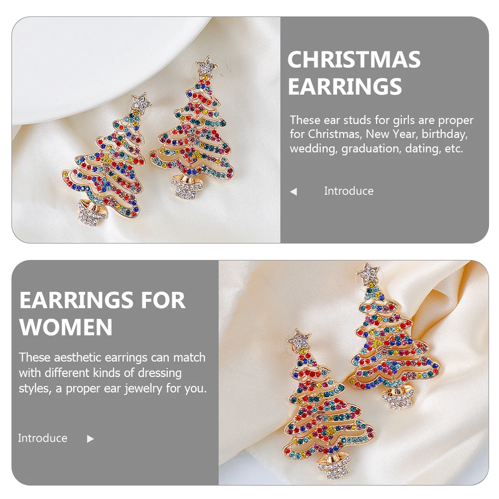 

1 Pair Rhinestone Christmas Tree Earrings For Women Xmas Statement Dangling Ear Studs Festive Jewelry Lightweight Metal