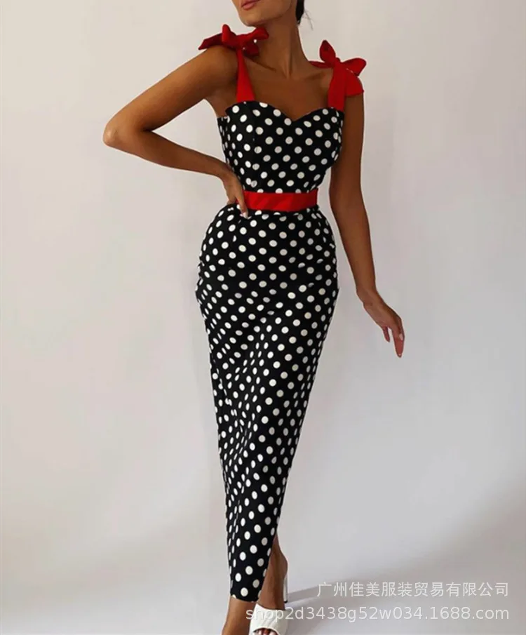 Vrouwen Jurk Lente En Zomer Schouder Taille Polka Dot Contrast Stiksels Mode Strik Mouwloze Sling Hoge Taille Jurk