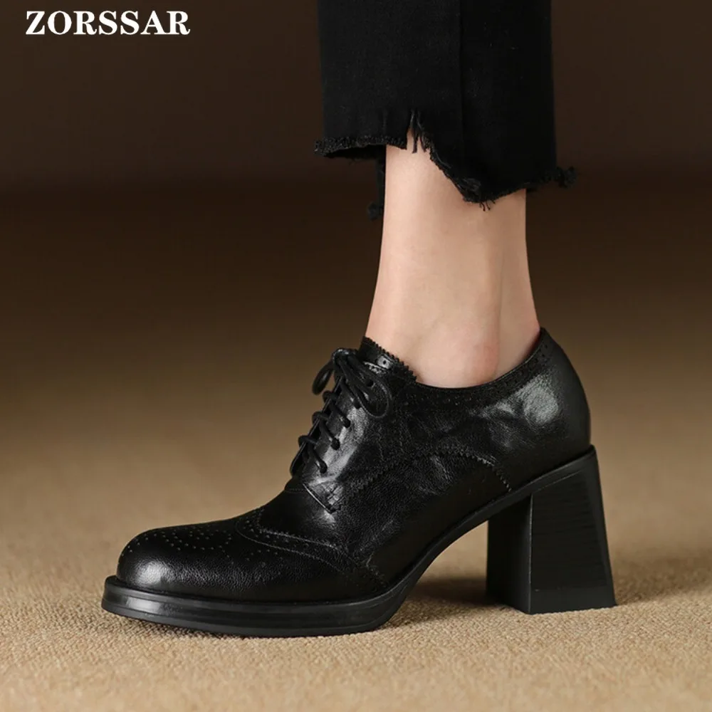 Women\'s Pump Shallow Brogue Shoe Vintage Chunky Heel Cut Out Oxford Shoes Woman Lace Up Female Fashion Elegant Ladies Short Boot