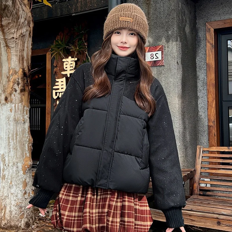 Fashion patchwork Stand Up Collar Cotton Jacket Korean Sequin Thickened Warm Long Sleeved Coat Women's Winter Short Loose Top