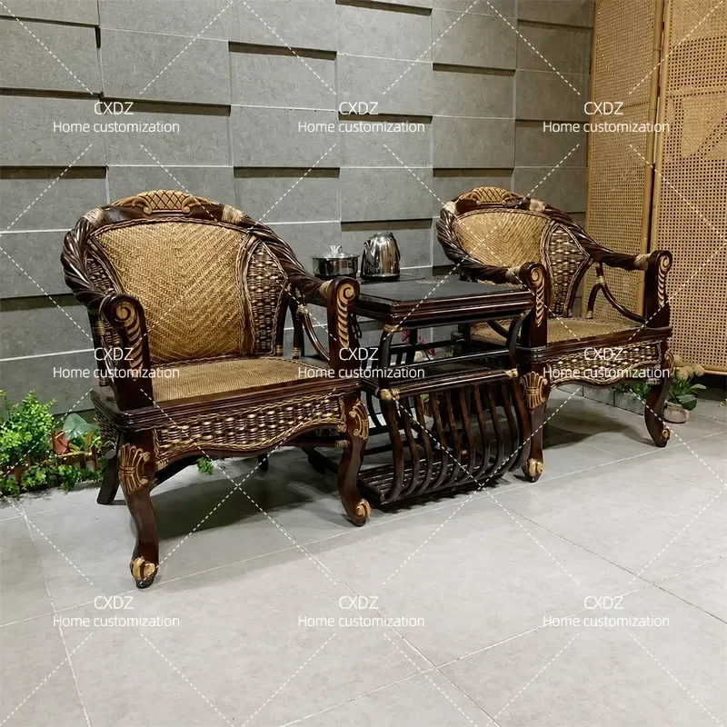 Retro Natural Rattan Chair Set 3 Piece Balcony Tea Table and Chairs with Backrest Casual Single Woven Seat for Elderly