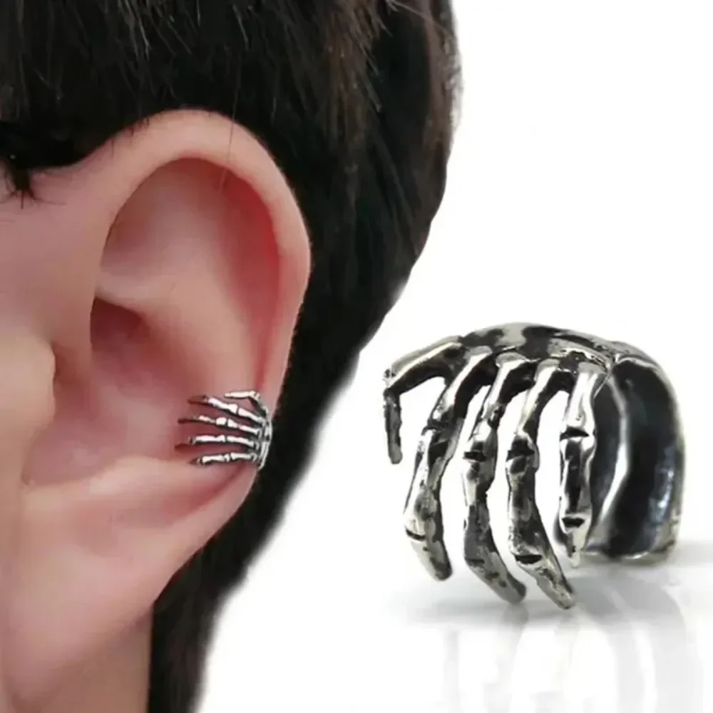 Simple Retro Gothic Skull Hand Bone Clip Fake Pierced Earrings Hip Hop Punk Rock Halloween Fashion Party Men and Women Jewelry view 3