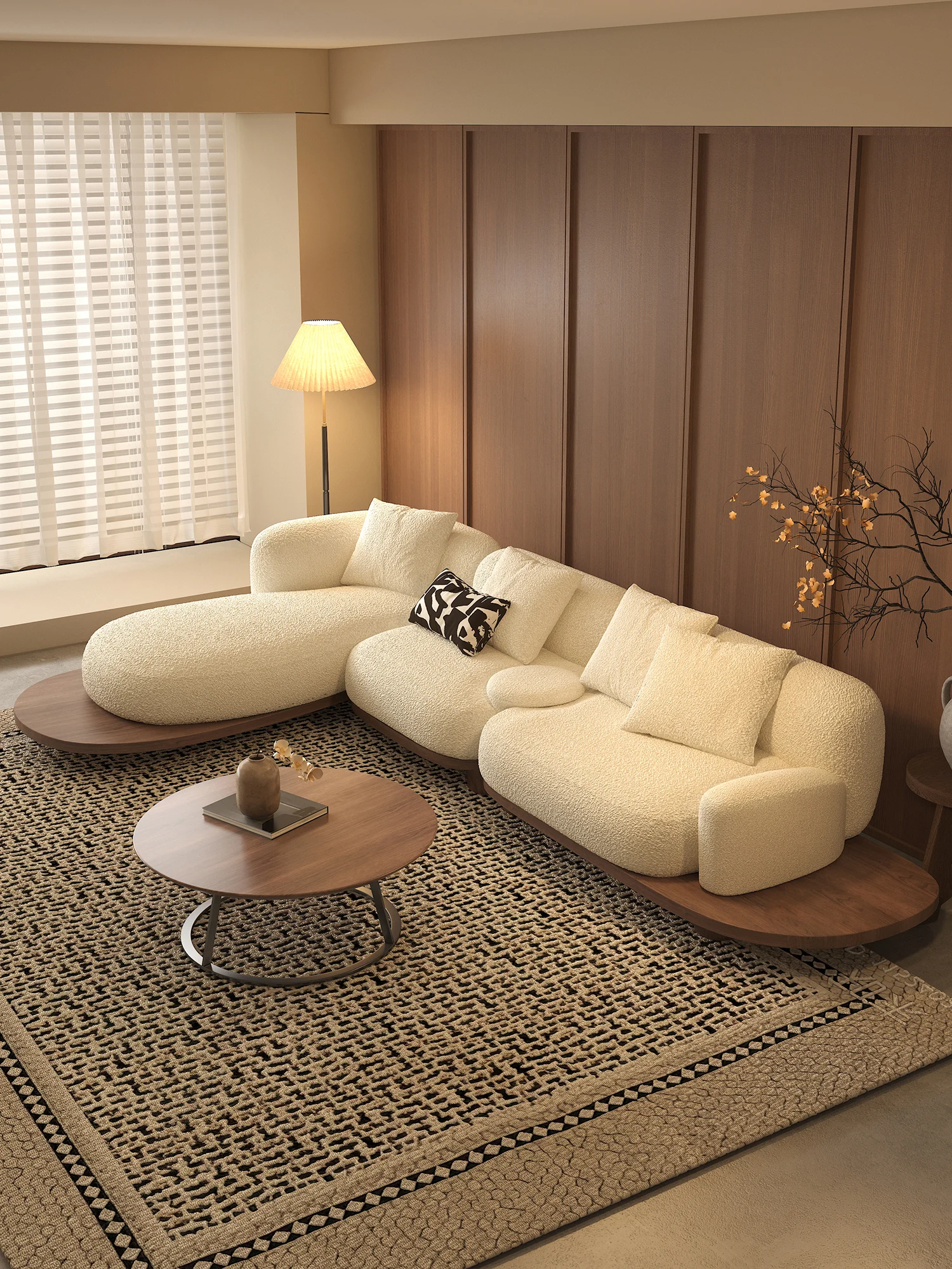 Cream Boucle Curved Sectional Sofa With Chaise Pillow Backrest Walnut Finish Wood Base Deep Seat Japandi For Living Room Villa