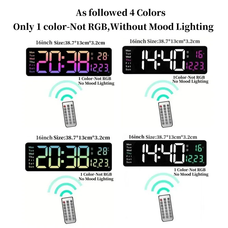 16 Inch Large Digital Wall Clock with Remote Control Mood Light 8 Clors RGB Dual Alarm Timing Countdown 12/24H LED Alarm Clock