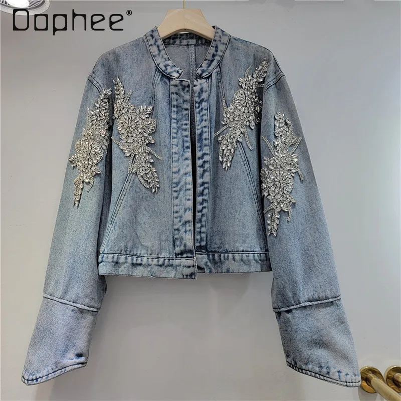 

Весна 2024, новый дизайн, роскошная инкрустация кристаллами и бриллиантами, воротник-стойка, винтажная модная джинсовая короткая куртка, топ