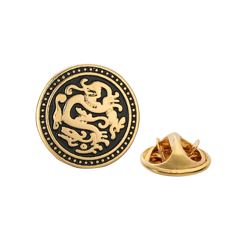 Copper Chinese style Round dragon design Brooch men\'s Lapel Pin clothing knapsack badge women\'s fashion jewelry