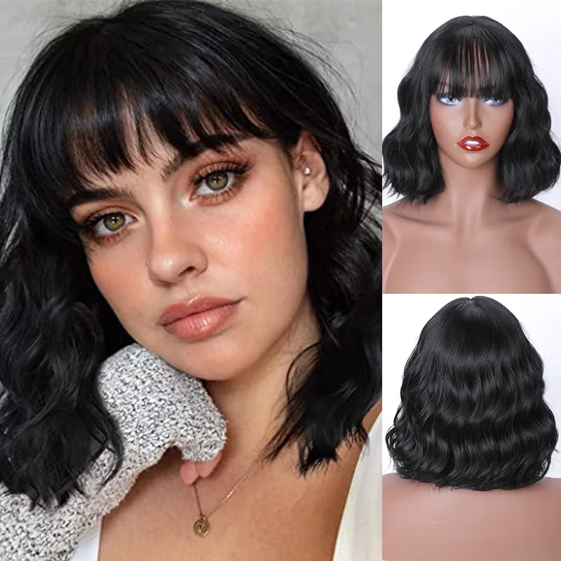 

European and American wine red curly Bob costume wig with bangs sea water ripple chemical fiber wig female short curly hair wigs