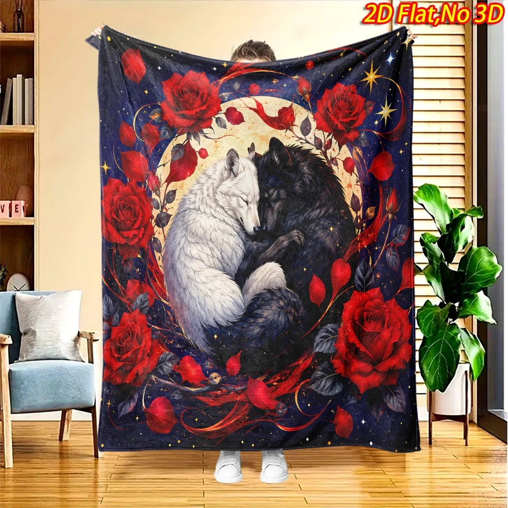 Yin Yang Black White Wolf Full Moon Red Rose Starry Dark Blue Base Flannel Throw Blanket Soft Warm Cover For Sofa Bedroom Gothic
