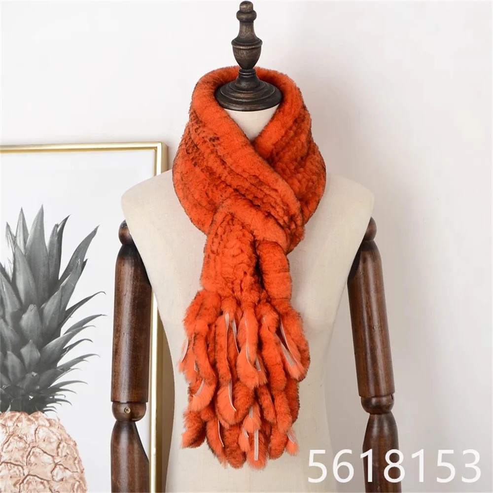 New orange black Rex Rabbit Hair Scarf for Women's Winter Korean Version Tassel Fur Warmth Scarf with Double-sided Real Hair