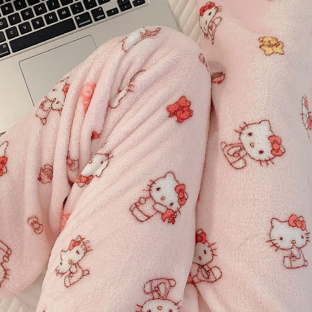 Sanrio Hello Kitty Flannel Pyjama Trouser Cartoon Kitty Cat Casual Warm Home Pants Coral Velvet Lazy Pajamas Household Clothes