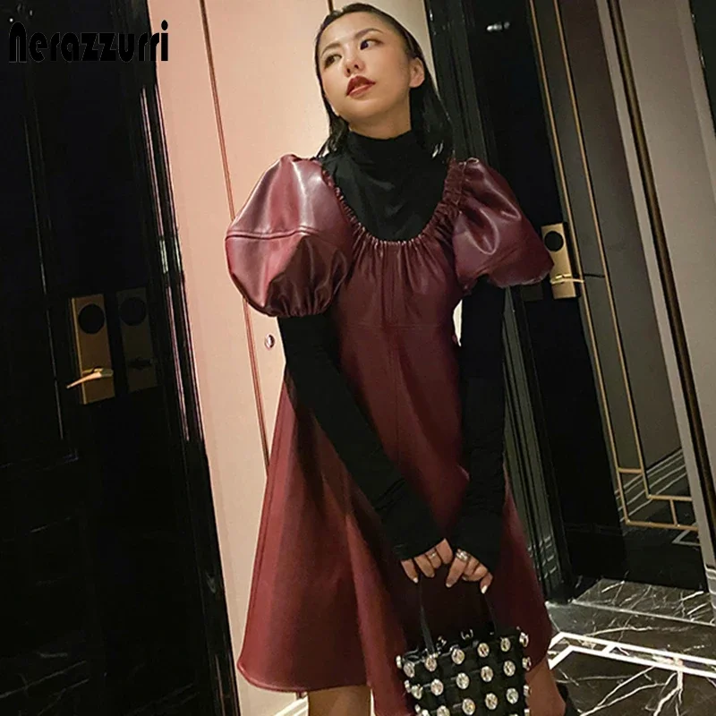 

Nerazzurri Spring runway long high quality leather dress women lantern sleeve Elegant Luxury womens dresses new arrival 2021