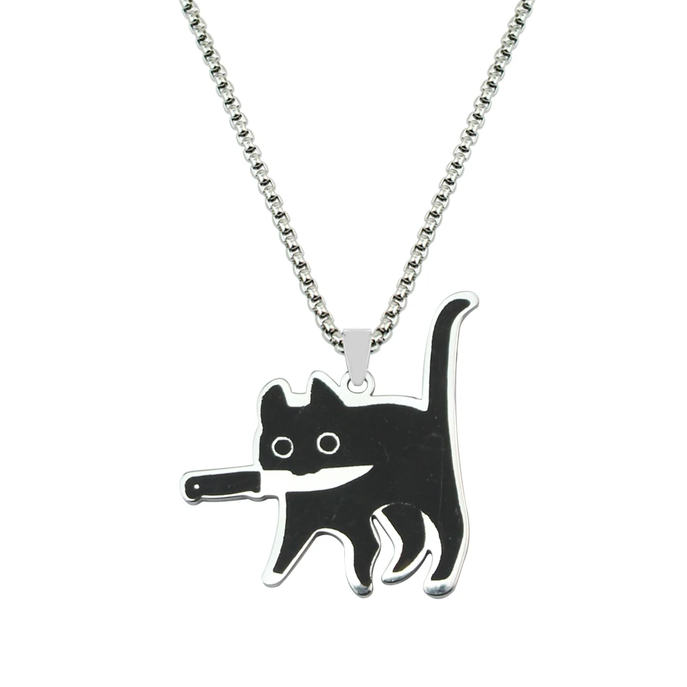 Hip Hop Killer Cat Necklace for Women Men Cute Punk Retro Doodle Black Cat Pendant Chain New Jewelry Gift