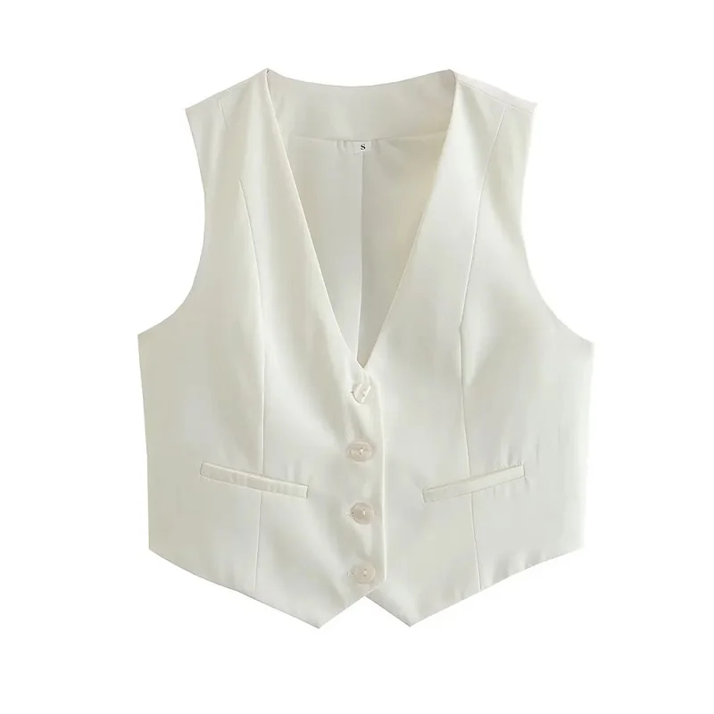 TRAF Short Women Vest Top V-Neck Sleeveless Button Lady Waistcoat New In 2024 Spring Summer Fashion Elegant Office Lady Top image 5