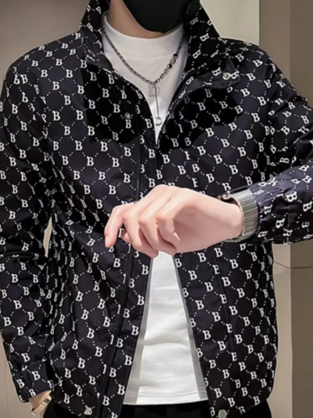 

Faionable Plaid Slim Fit Men's Jaet Spring Autumn Zipper Decorated Youth ular Polyester Fiber Long Sve Outerwear