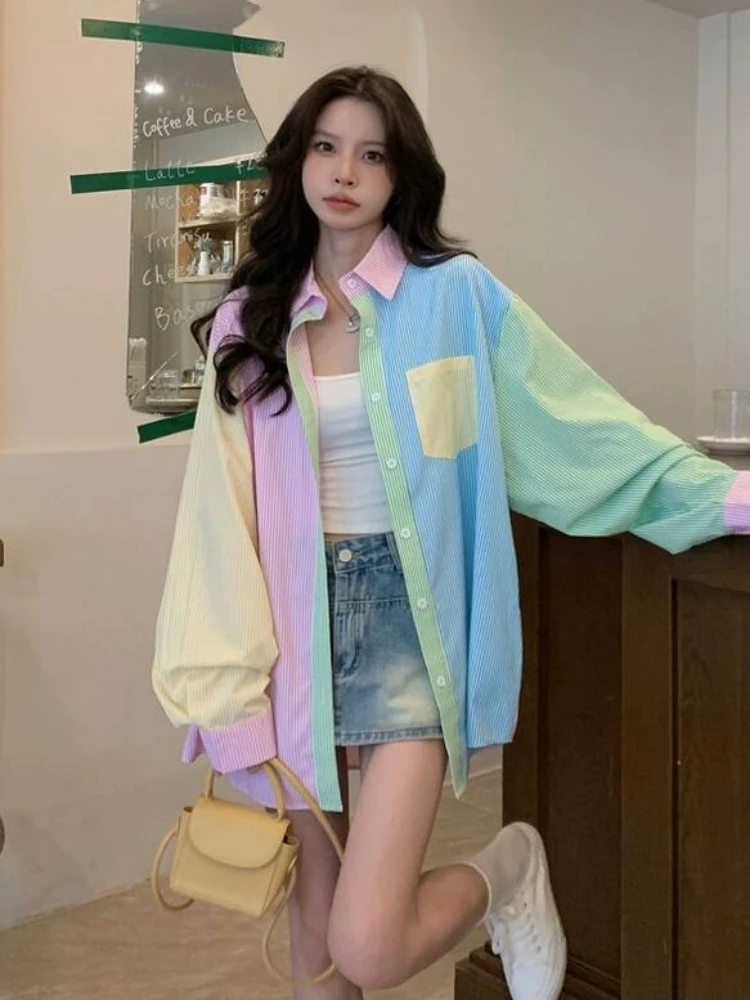 Multiple Candy Colors Patchwork Shirts Women Holiday Kawaii Long Sleeve Cute Girl Baggy Sun-proof Casual All-match Mujer Blusas