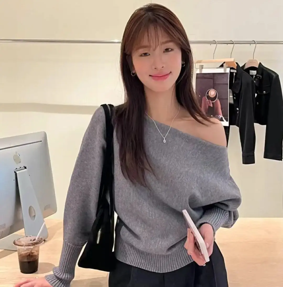 أنيقة لينة قبالة الكتف دافئ الصوف متماسكة سترة المرأة الكورية نمط أنيق كابل كم طويل دافئ البلوز الشتاء استرخاء القمم #1