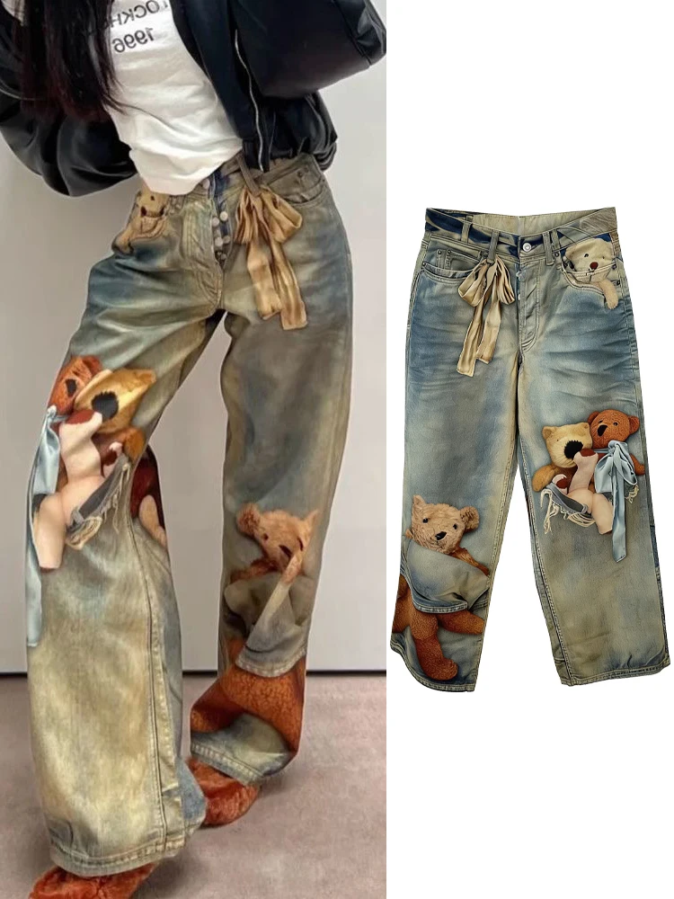 

High Waist Jennie Zhang Ying Jujie Bear Print Straight Leg Wide Leg Jeans Retro 3D Printed Casual Loose Fit Ladies Jeans