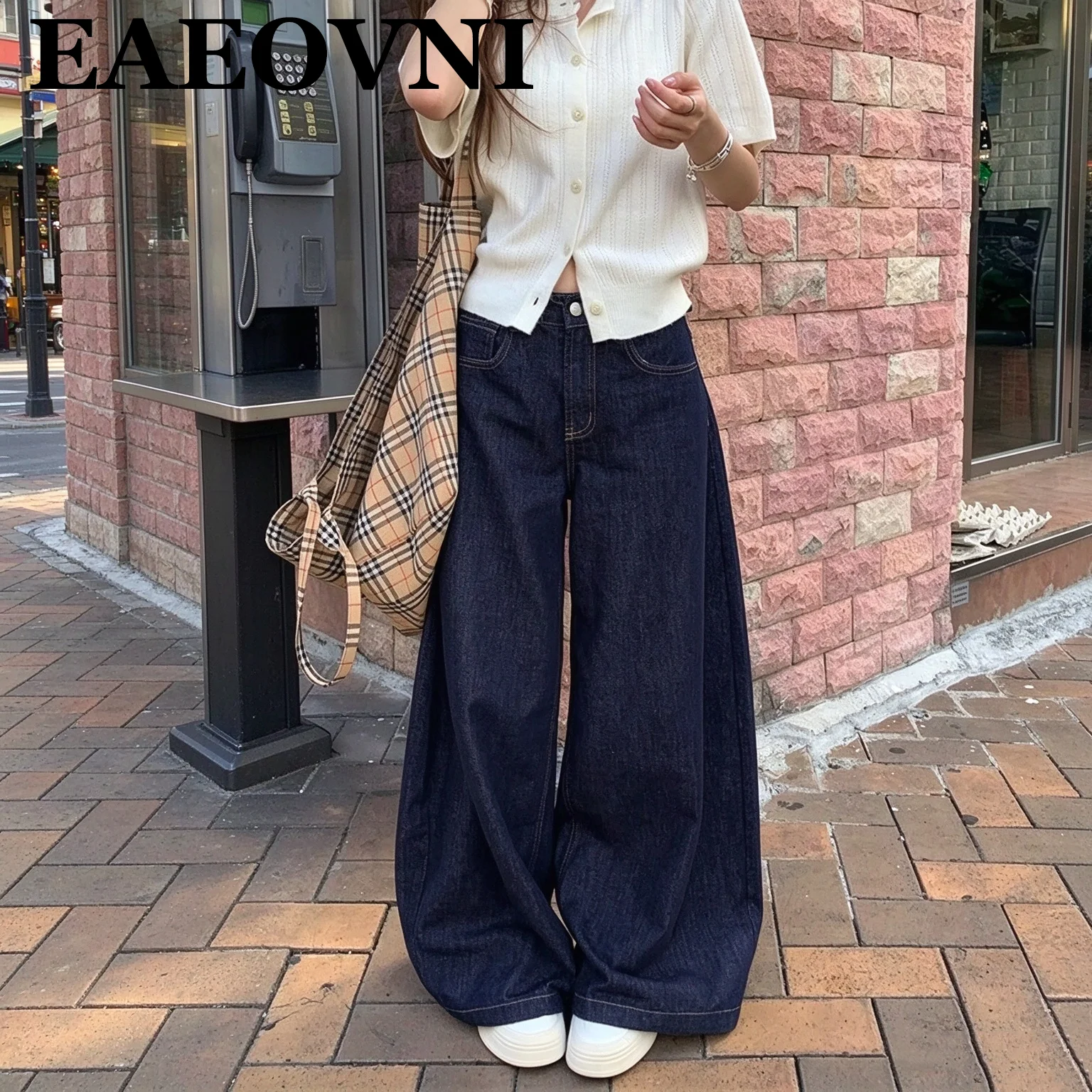 Y2K Women High Waist Deep Blue Loose Wide Leg Jeans Baggy Straight Denim Trousers Cool Girl Street Casual Daily Fashion Outfits