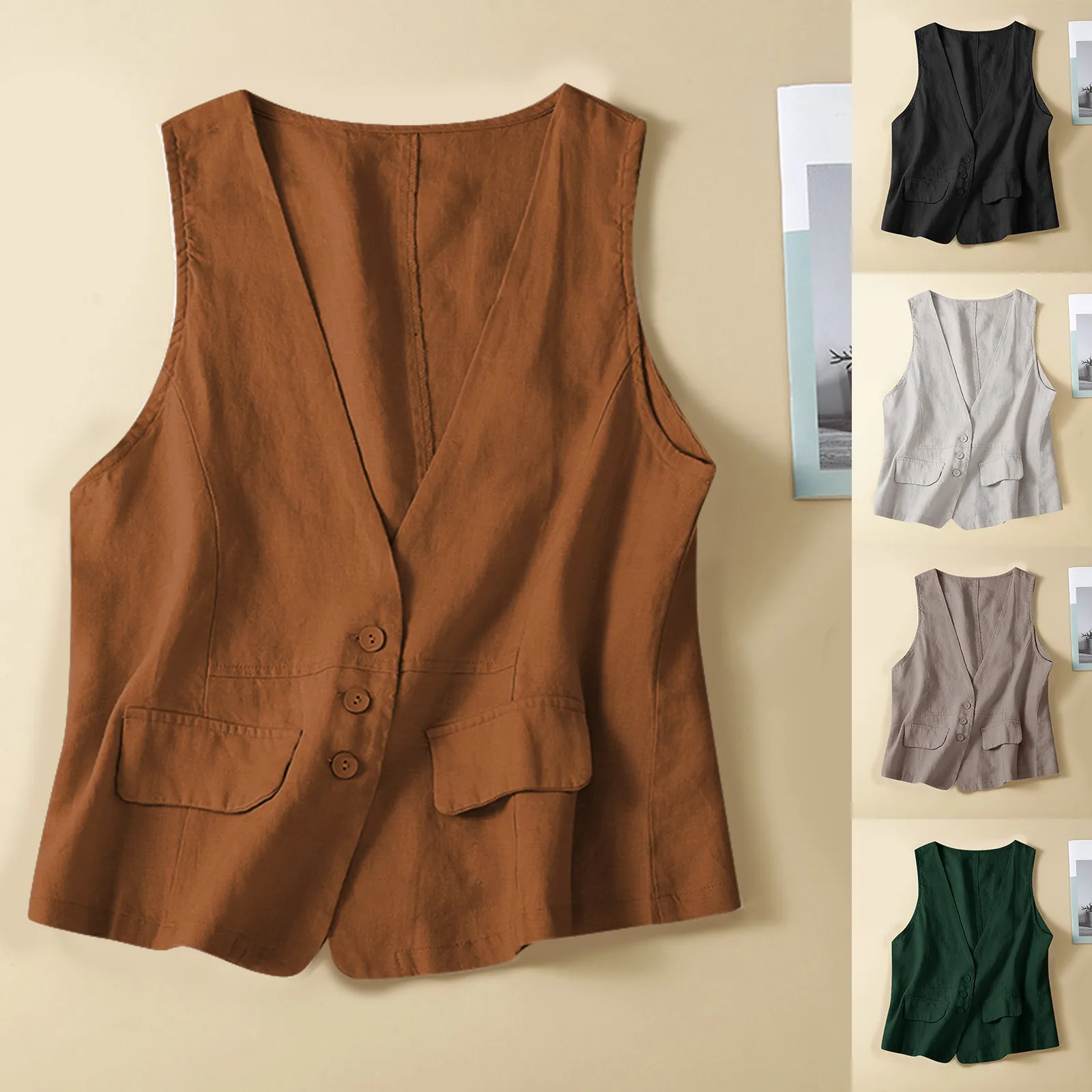 

Vintage Vest Summer Top Deep V-Neck Solid Waistcoat Casual Sleeveless Tank Tops Cotton Linen Thin Outerwear Vest Coat Women