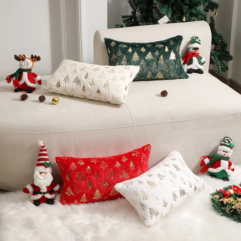 Christmas Gilding Cushion Covers Festival Plush Home Pillow Cover Decorative Red and Green Joyful New Year Pillowcase Home Decor