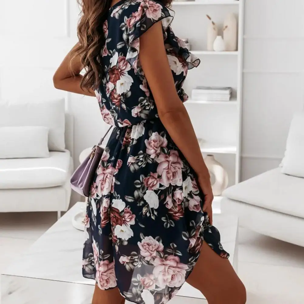 Elegant Floral Print Ruffle Beach Dress Summer Casual O Neck Pleated Party Dress Women Fashion Office A-Line Midi Dress Vestido