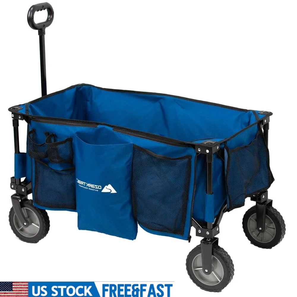 

Quad Fold Camping Wagon Portable Telescoping Handle Heavy Duty Steel Frame Collapsible Outdoor Utility Cart Beach Grocery