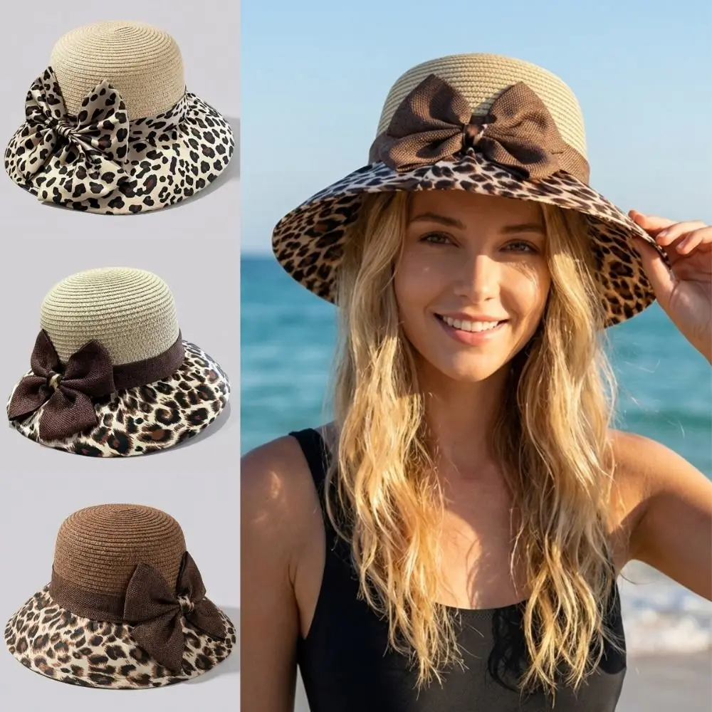 

Leopard Print Bow Straw Hat UV Protection Wide Brim Women's Sun Hat Korean Style Lightweight Fisherman's Hat Summer Outdoor
