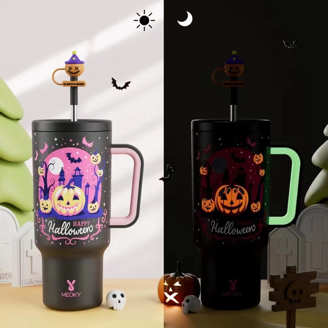 Meoky 40oz Vacuum Coffee Cup Tumbler Handle Cute Stoper Halloween Stainless Steel Insulation Car Mug Water Bottle Gifts