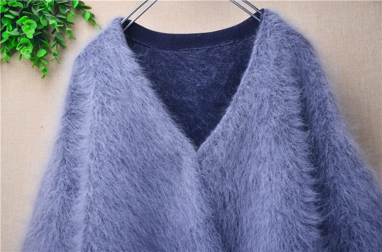 Women Mujer Autumn Winter Clothing Grey Hairy Mink Cashmere Knitted Long Lantern Sleeves Short Style Loose Cardigans Sweater Top