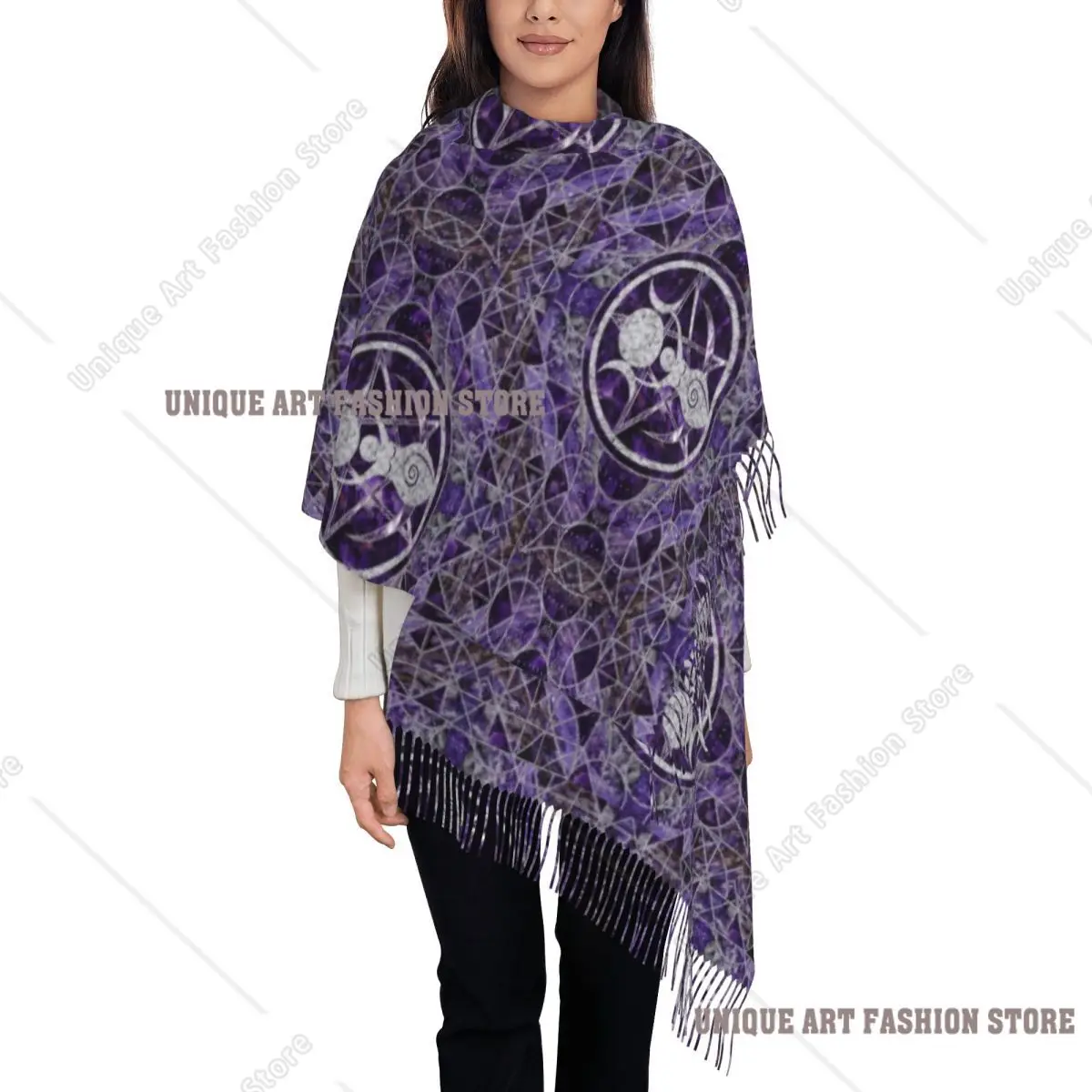 Custom Luxury Triple Moon Goddess Tassel Scarf Women Winter Warm Shawl Wrap Female Wiccan Pentagram Scarves