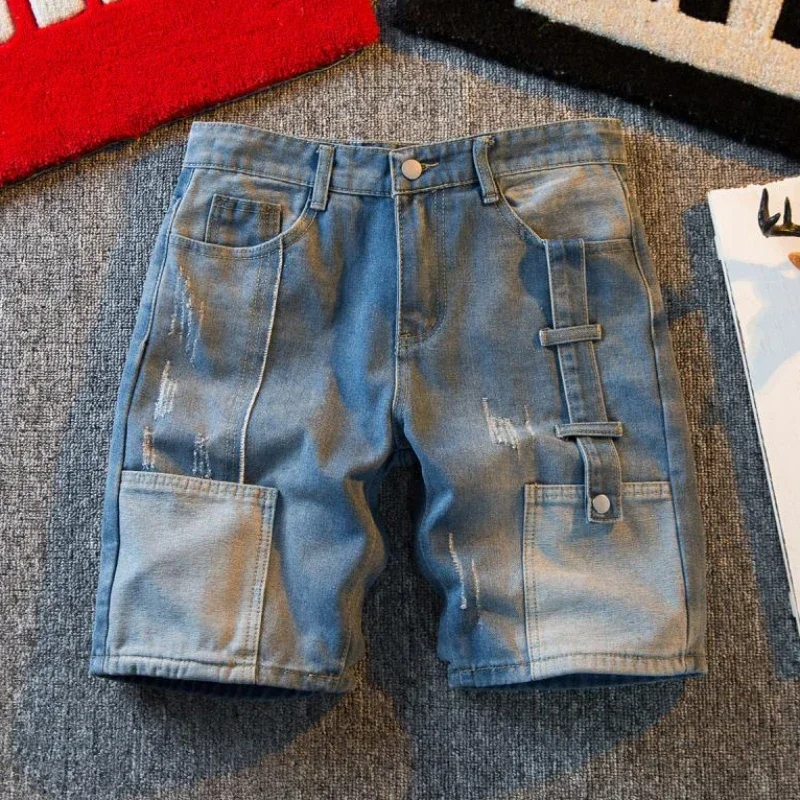 Men\'s Short Jeans Pants Cargo Baggy Patchwork Wide Male Denim Shorts Loose Trend 2024 Xl Korean Fashion Streetwear Cut Summer