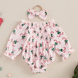 Baby Girl Christmas Outfits Long Sleeve Candy Cane Print Smocked Bodysuit with Headband 2 Pieces Set Infant Clothes