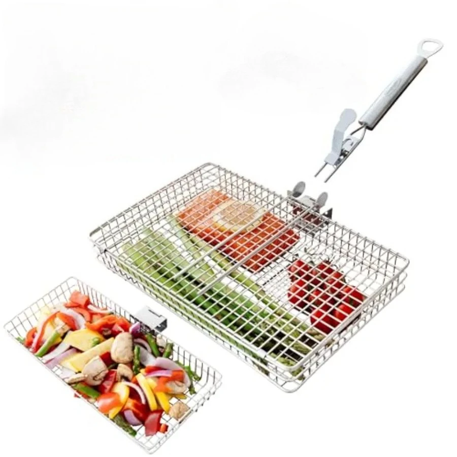 

Stainless Steel BBQ Grill Basket with Removable Handle for Multi-Use Grilling Long Rectangular Wire Mesh