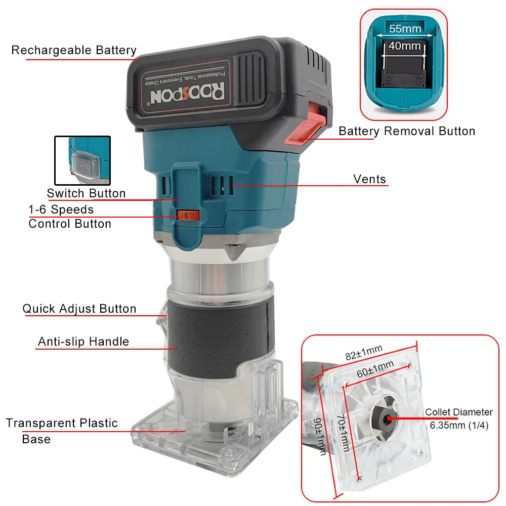 1000W Cordless Electric Trimmer Woodworking,6.35mm Wood Router,21v Engraving Slotting Carving Machine for Makita 18V Battery