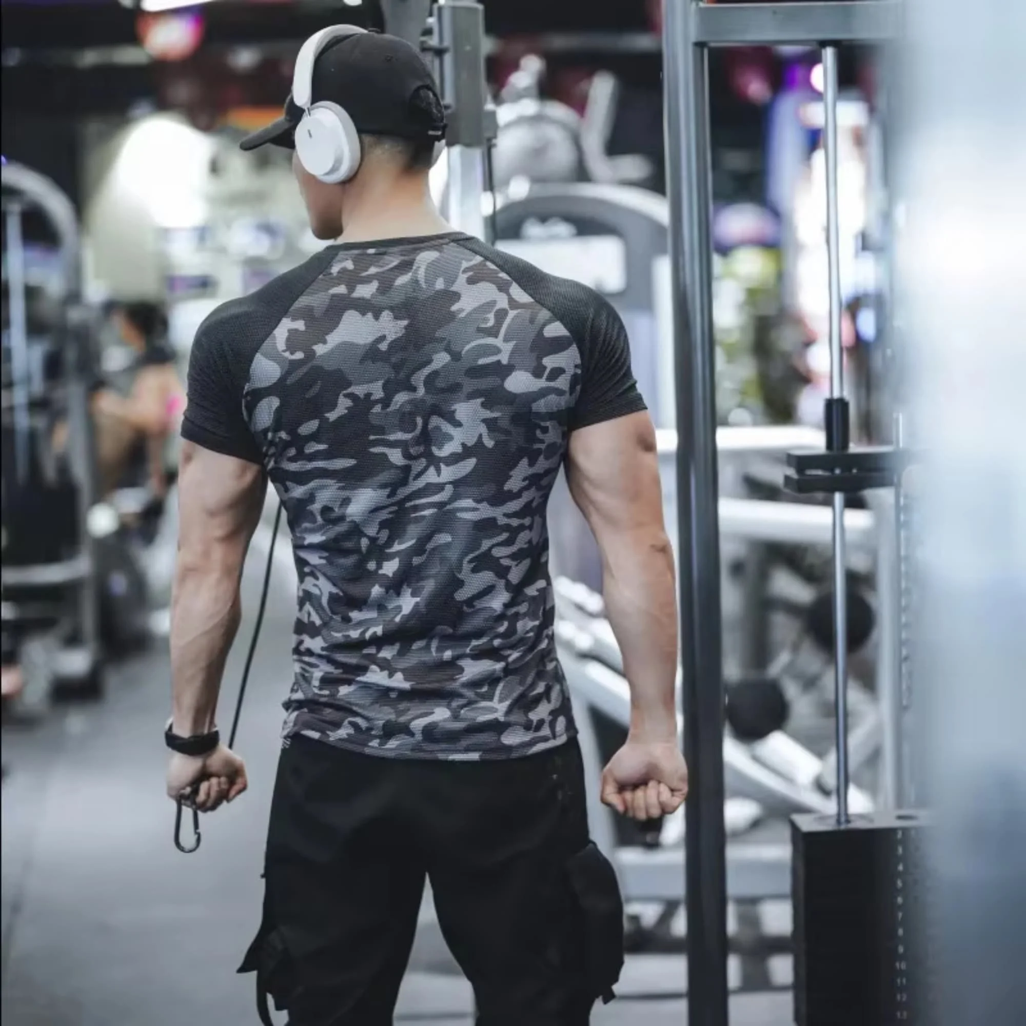Tactical Dark Camo Color Block  Men Slim Workout Tee Outdoor Hunting Cycling Urban Street Fitness Sport Shirts