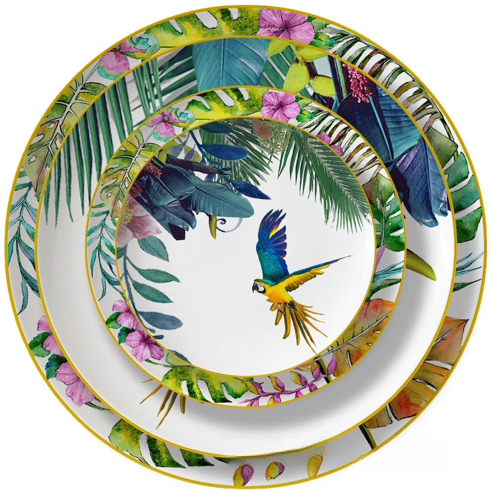 

Creative Ceramic Glaze Dinnerware Set Hand Painted Parrot Plates Bowls Mugs Coffee Cup Saucer