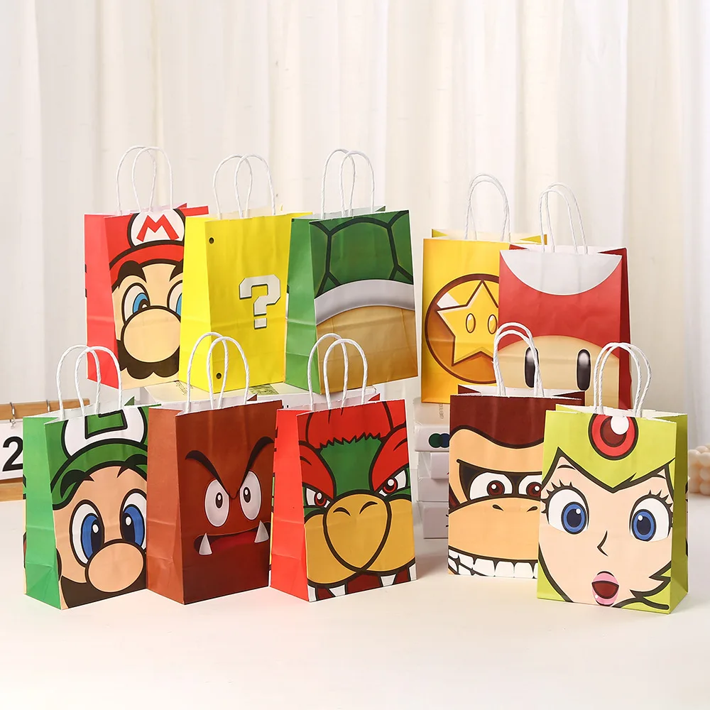 

5pcs/set Super Mary Series Handbag Mario Bros Luigi Bowser Yoshi Anime Figure Gifts Kraft Paper Bag Children Partys Supplies