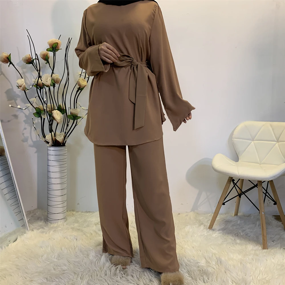 

Muslim Sets Lace Up Suit Women Abaya Casual Wide-legged Pants Modest Clothing Islamic 2 Pieces Ramadan Outfits Dubai Robes Suit