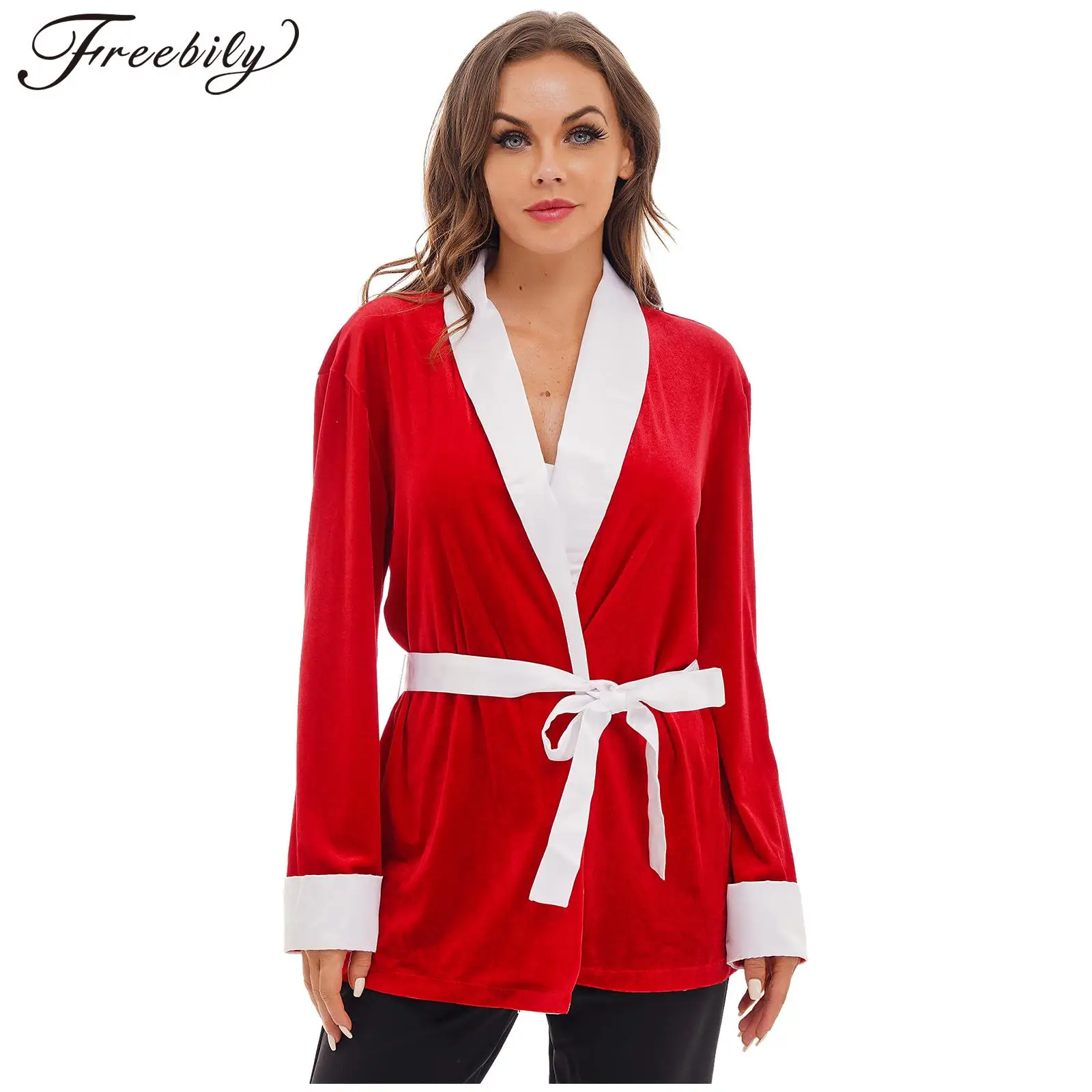 Womens Christmas Theme Party Cosplay Costume Long Sleeve Velvet Outerwear Kimono Bathrobe Night-robe Tops with Belt Nightwear