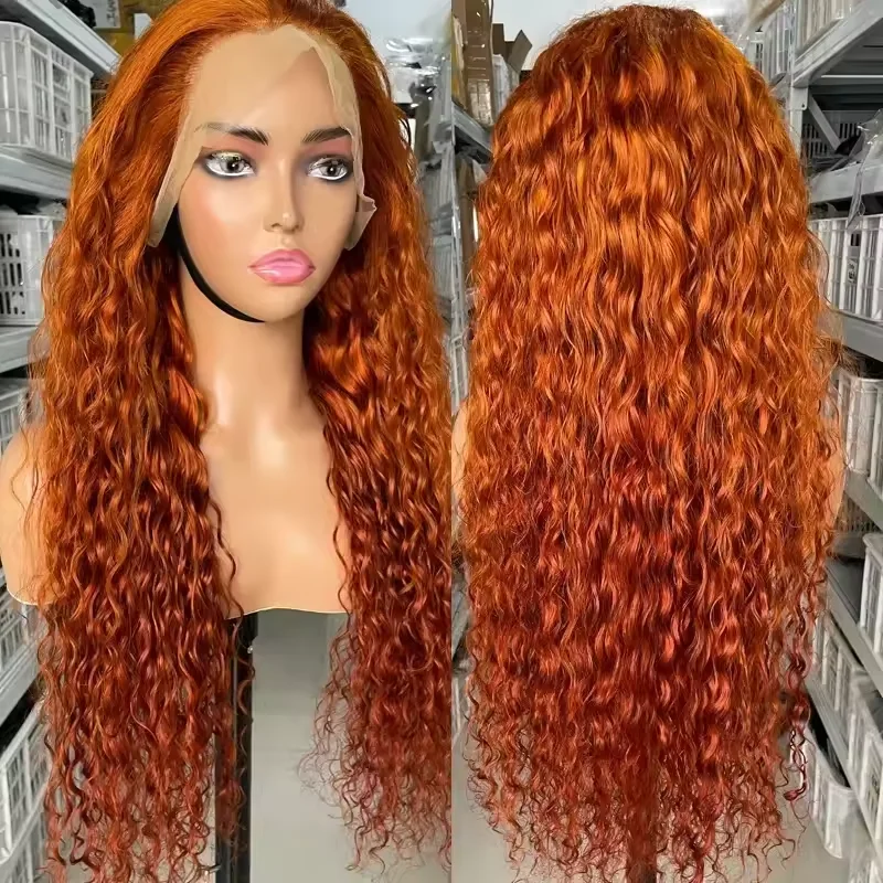 13x5 220 Density Transparent HD Lace Front Wig for Women Deep Wave Remy Human Hair Ginger Orange 350# Loose Curly Pre Plucked