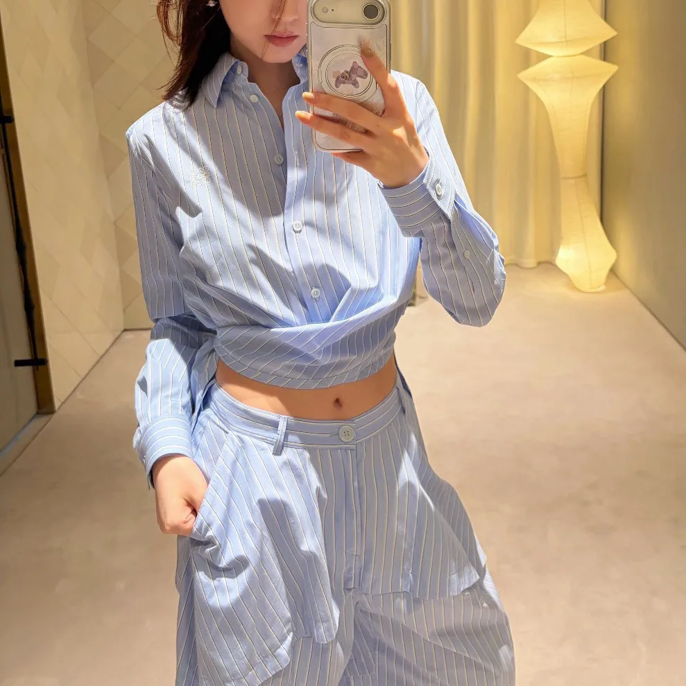 26 Spring And Summer 100 Cotton Niche Design Sense Striped Shirt Vest Wide Leg Pants Han Feng Chic High Sense